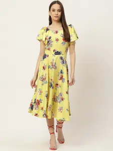 Slenor Yellow & Multicoloured Floral Crepe A-Line Midi Dress