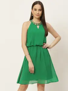 Slenor Green Halter Neck Georgette A-Line Mini Dress