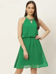 Slenor Green Halter Neck Georgette A-Line Knee Length Dress