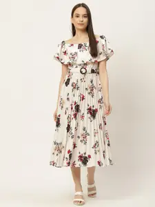 Slenor White & Multicoloured Floral Off-Shoulder Layered Crepe A-Line Midi Dress