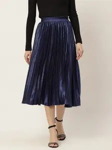 Slenor Women Navy Blue Accordian Pleated satin Midi A-line Skirt