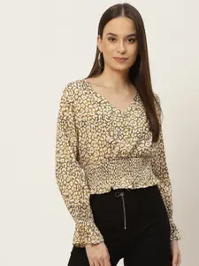 Slenor Multicoloured Floral Bishop Sleeves Smocked Cinched Waist Crop Top