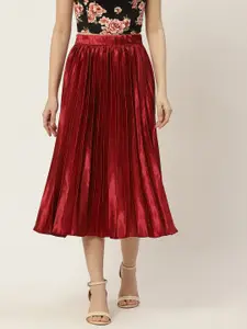 Slenor Women Red Accordian Pleated satin Midi A-line Skirt