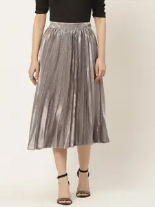 Slenor Women Grey Accordian Pleated satin Midi A-line Skirt