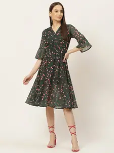 Slenor Teal & Multicoloured Georgette A-Line Midi Dress