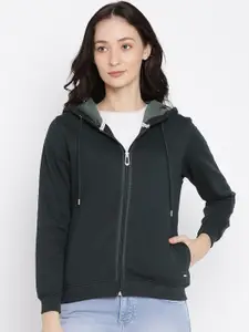 METTLE Women Green Hooded Sweatshirt