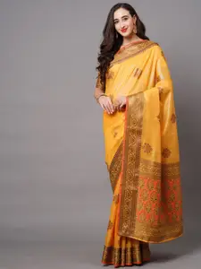 Mitera Mustard & Gold-Toned Floral Zari Banarasi Saree