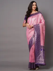 Mitera Pink & Purple Floral Zari Banarasi Saree