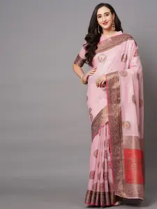 Mitera Pink & Gold-Toned Ethnic Motifs Zari Banarasi Saree