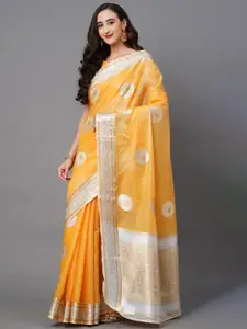 Mitera Mustard & Silver-Toned Ethnic Motifs Zari Banarasi Saree