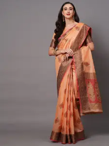 Mitera Peach-Coloured & Gold-Toned Ethnic Motifs Zari Banarasi Saree