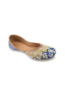 DESI COLOUR Women Blue Embellished Leather Ethnic Mojari Flats