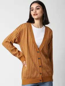 FOREVER 21 Women Brown & White Striped Front-Open