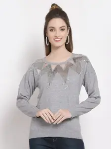 Mafadeny Women Grey Embellished Pullover