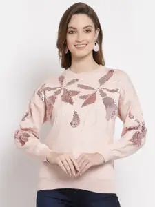 Mafadeny Women Peach-Coloured Floral Embellished Pullover