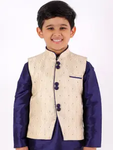 YK Boys Cream-Coloured & Navy Blue Woven Design Slim-Fit Nehru Jacket