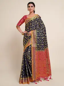 MIMOSA Navy Blue & Pink Woven Design Zari Art Silk Kanjeevaram Saree