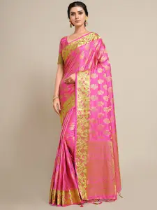 MIMOSA Pink & Gold-Toned Ethnic Motifs Zari Art Silk Kanjeevaram Saree