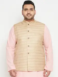 VASTRAMAY Men Beige Self-Design Slim-Fit Woven Nehru Jacket