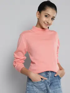 JUSTICE Girls Peach-Coloured Ribbed Acrylic Turtle Neck Pullover