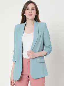 Vero Moda Women Blue Solid Single-Breasted Blazer