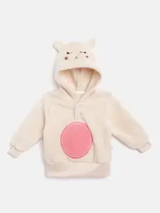 Moms Love Infant Girls Beige & Pink Cotton Geometric Print Hooded Sweatshirt