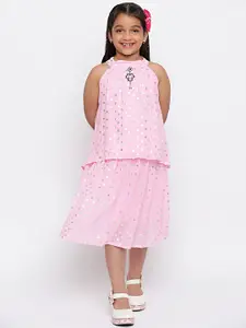 SKY HEIGHTS Girls Pink & Silver Polka Dots Printed Top With Skirt