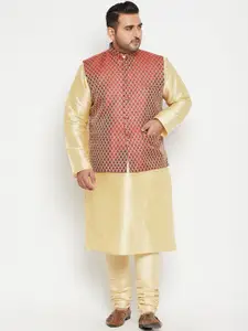 VASTRAMAY Men Gold-Toned & Maroon Woven Designed Kurta with Churidar & Jacket