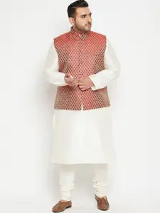 VASTRAMAY Men Cream-Coloured & Maroon Woven Designed Kurta with Churidar & Jacket
