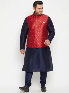 VASTRAMAY PLUS Men Navy Blue & Maroon Woven Designed Straight Kurta with Churidar & Jacket