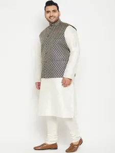 VASTRAMAY Men Cream-Colored & Blue Woven Designed Kurta with Churidar & Jacket