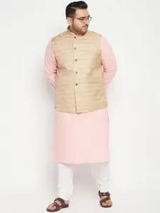 VASTRAMAY PLUS Men Plus Size Pink Regular Kurta with Churidar & Nehru Jacket