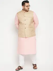 VASTRAMAY Men Plus Size Pink Regular Kurta with Churidar & Nehru Jacket