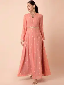 INDYA Payal Singhal Coral Foil Belted Anarkali Dress