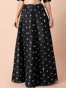 INDYA Women Black Mirror Embellished Flared Maxi Skirt