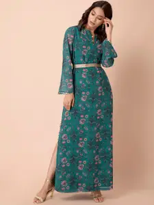 Indya X Payal Singhal Teal Green Floral Belted Straight Dress