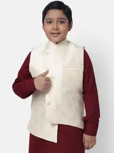 NAMASKAR Boys Cream-Coloured & Beige Printed Pure Silk Woven Nehru Jacket
