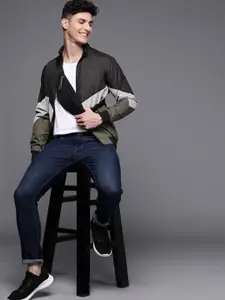 Allen Solly Sport Men Black & Olive Green Colourblocked Bomber Jacket