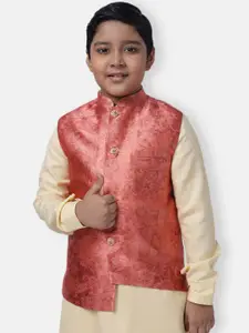 NAMASKAR Boys Peach-Coloured Printed Pure Silk Woven Nehru Jacket