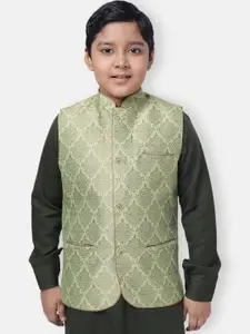 NAMASKAR Boys Green & Brown Printed Pure Silk Woven Nehru Jacket