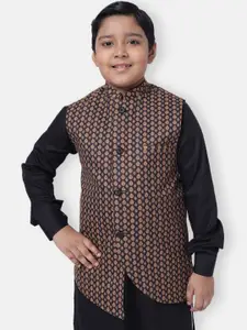 NAMASKAR Boys Black Printed Asymmetric Pure Cotton Nehru Jacket