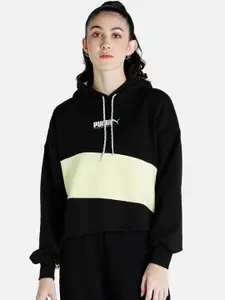 PUMA Women Black & Yellow Colourblocked Loose Fit Hoodie