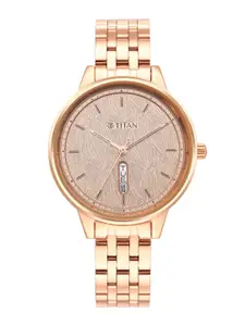 Titan Women Brass Dial & Rose Gold Toned Stainless Steel Straps Analogue Watch 2648WM01