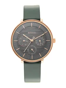 Titan Women Black Brass Dial & Grey Leather Straps Analogue Watch 2651WL02