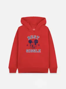 Kids Ville Mickey & Friends Girls Red & Black Printed Hooded Sweatshirt