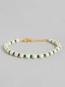 I Jewels Gold-Plated White & Green Pearl Studded & Beaded Anklets