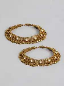 I Jewels Set of 2 Gold-Plated Kundan Studded Ghungroo Anklets