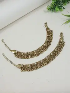 I Jewels Set of 2 Gold-Plated Kundan Studded Ghungroo Anklets