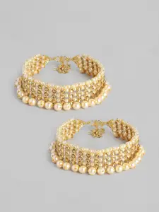 I Jewels Set of 2 Gold-Plated Kundan Studded & Beaded Anklets