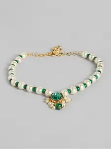 I Jewels Gold-Plated Green & White Pearl-Studded & Beaded Anklets